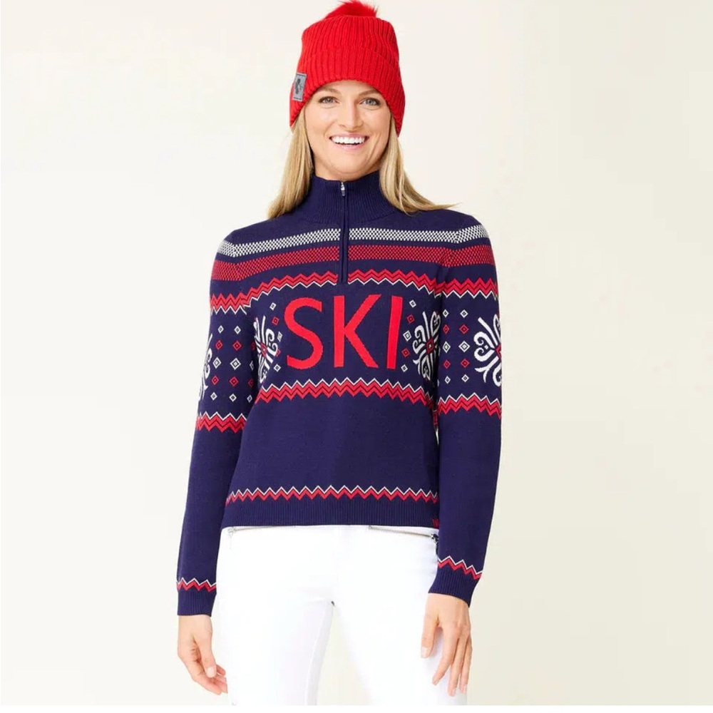 Krimson  & Klover Navy and Red Zip-Up Heidi Ski Sweater NWOT